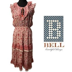 Alicia BELL Boho Maxi Dress Bird Tassel Charm Red Cream Floral Print Silk Cotton